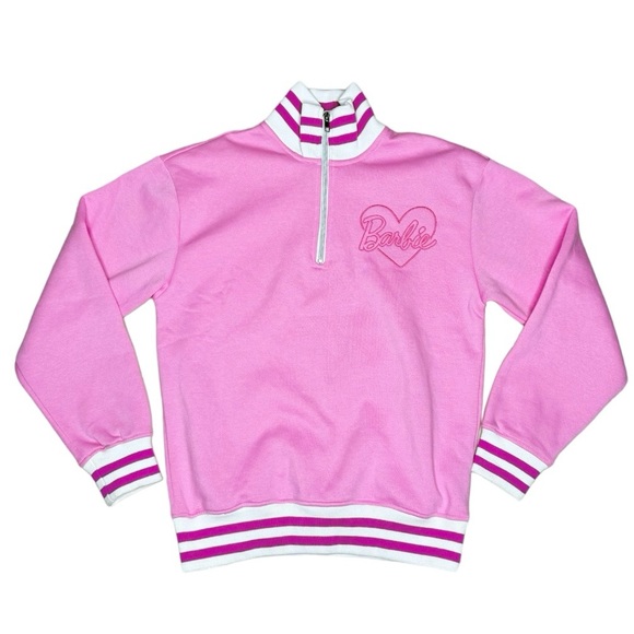 Barbie Cozy Fleece Lined Zip Up Varsity Sweater w Pink Stripe sz small - Picture 1 of 6